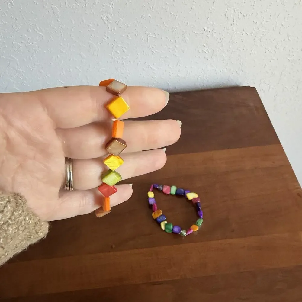 Colorful Stone Beaded Stretch Bracelets Lot of 3 Bright Mixed Gemstone Girlhood